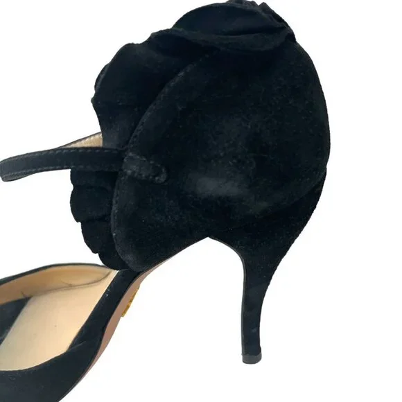 PRADA Open Toe Ruffle Suede Strap Ankle Heel Sandals Women's Size 7 Prom Formal - Picture 14 of 16